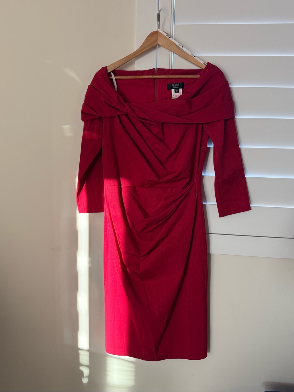 Tahari ASL Off-Shoulder Draped Midi Dress in Red